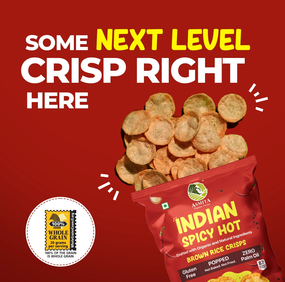 Indian Spicy Hot Brown Rice Crisps - 55g; crispy popped chips for clean snacking