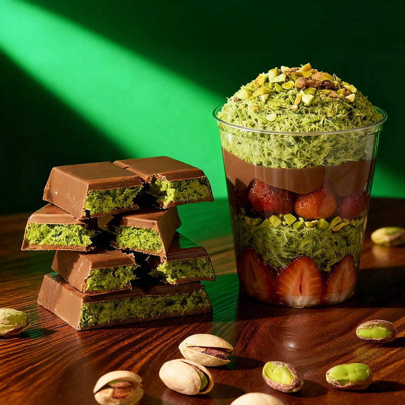 Stack of chocolate-covered green leafy snacks with a layered dessert in a glass container