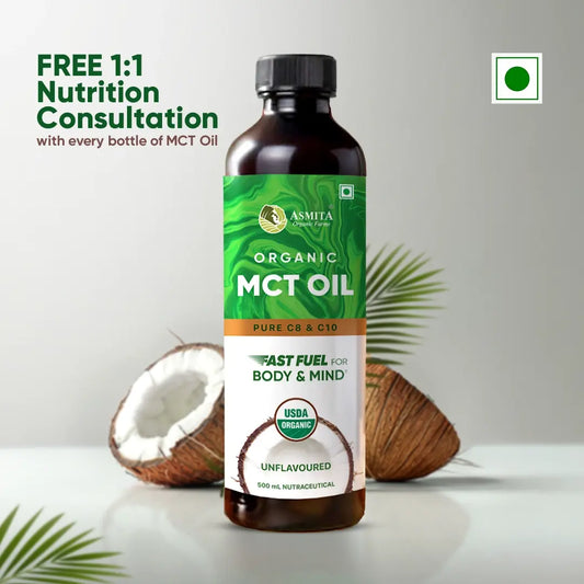 Asmita Organic Farms MCT Oil bottle with green label, coconuts, and palm leaves; highlights vegan, 100% organic, and no preservatives

FREE 1:1 Nutrition Consultation
with every bottle of MCT Oil