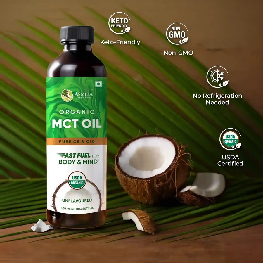 Asmita Organic MCT Oil bottle with coconut, highlights Keto-friendly, Non-GMO, USDA certified, and no refrigeration needed.