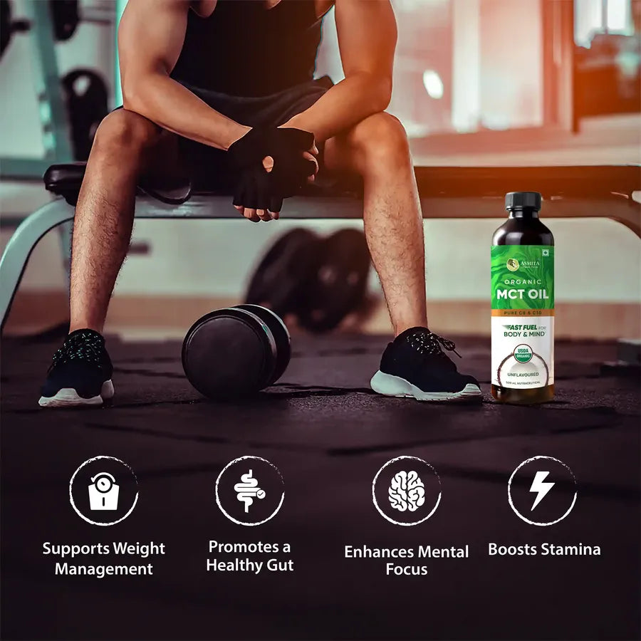 Man in gym resting near weights, Asmita Organic MCT Oil in view, showcasing benefits like weight management and stamina boost.