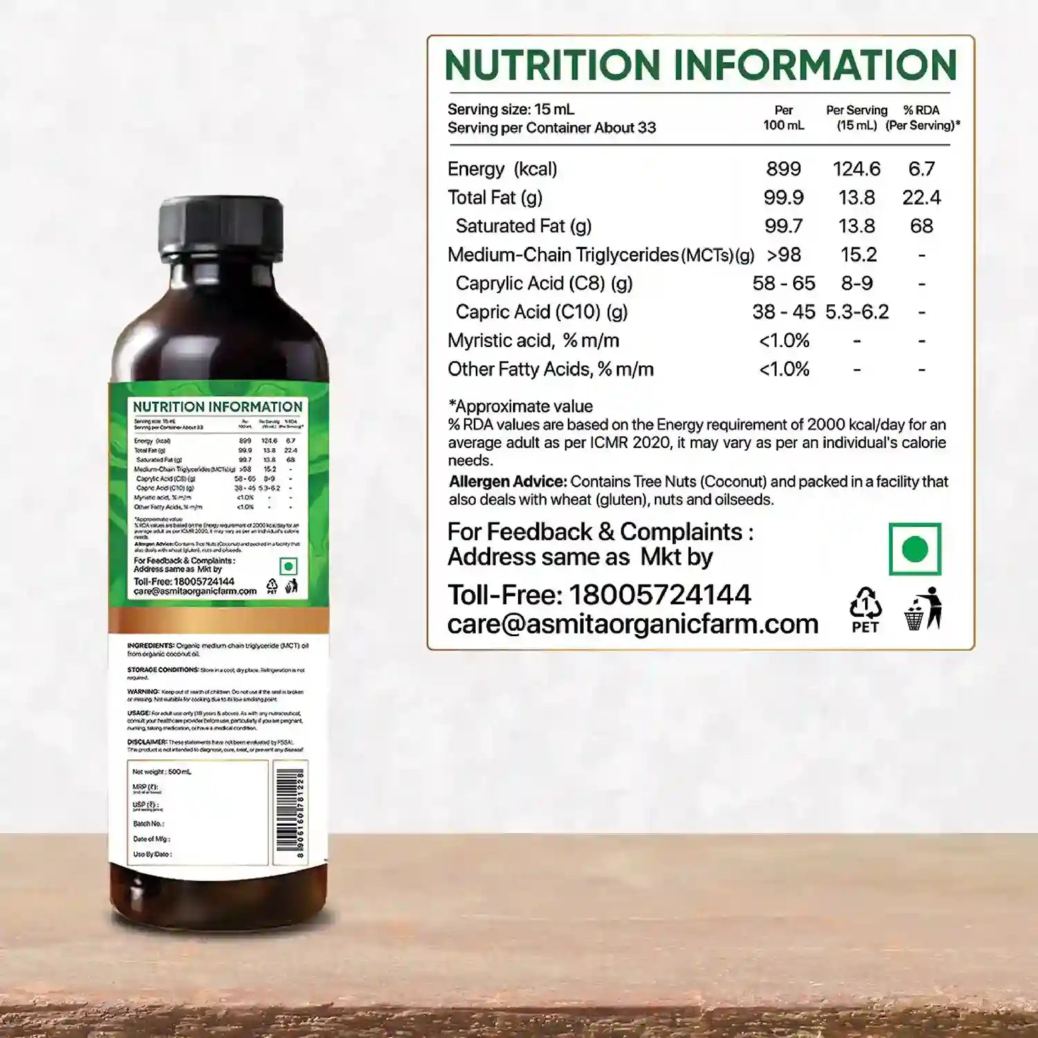 Asmita Organic MCT Oil nutrition label: rich in healthy fats, Caprylic (C8), and Capric (C10) acids. Contains tree nuts (coconut).