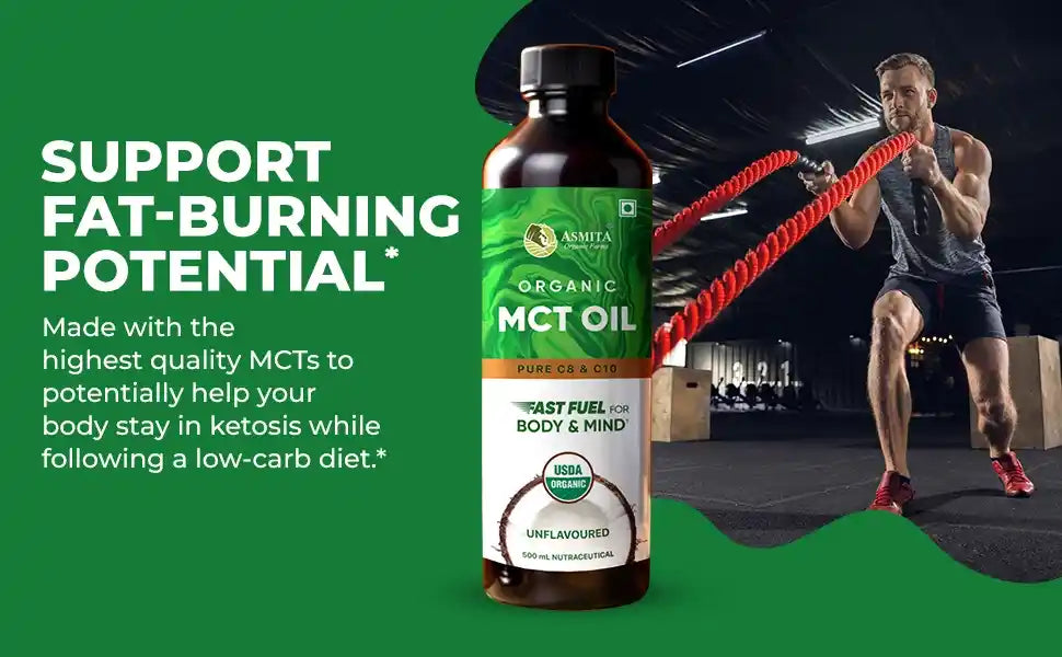 Asmita Organic MCT Oil promotes fat-burning, supports ketosis, and aids energy for low-carb diets with fitness-focused visuals.