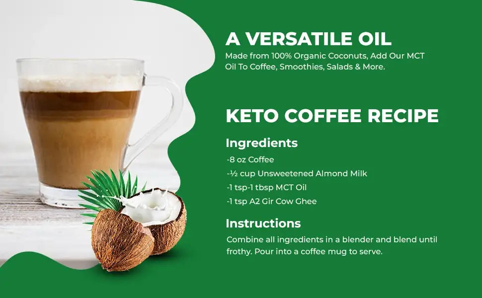 Keto coffee recipe featuring Asmita Organic MCT Oil, made with organic coconuts, ideal for coffee, smoothies, and salads.