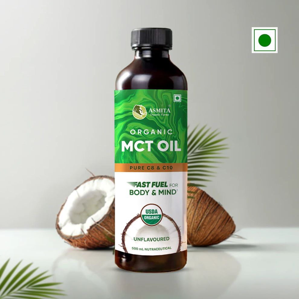 Asmita Organic Farms MCT Oil bottle with green label, coconuts, and palm leaves; highlights vegan, 100% organic, and no preservatives