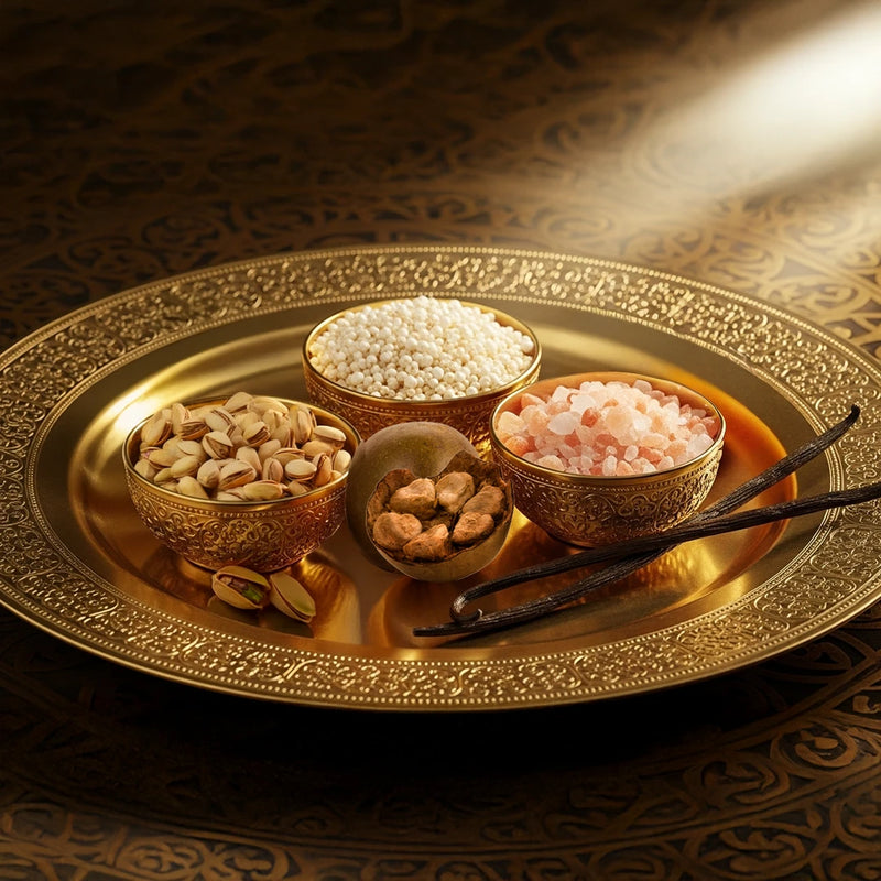 Decorative gold platter with small bowls of various food items
