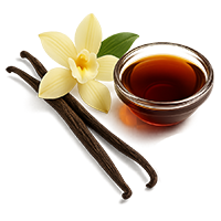 Vanilla beans and a vanilla flower with a small bowl of vanilla extract