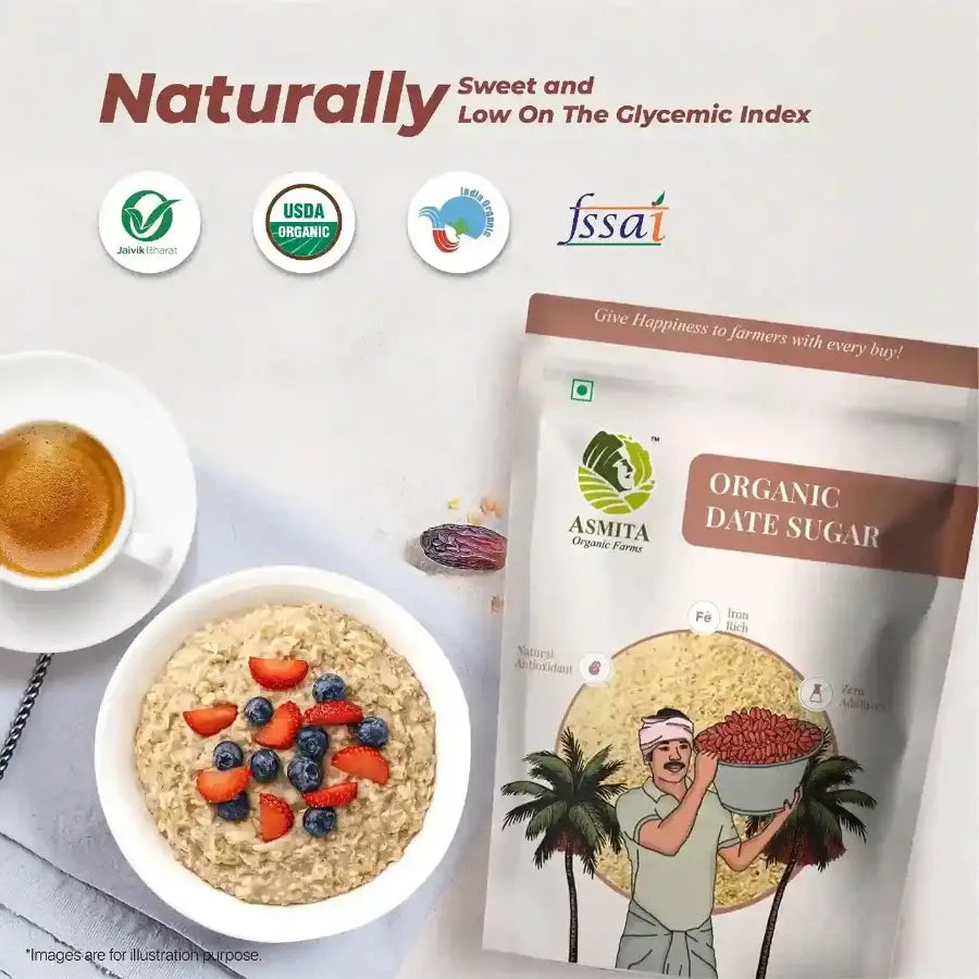 Organic date sugar displayed with a bowl of oatmeal topped with fruits and a cup of coffee, highlighting its natural sweetness and low glycemic index.