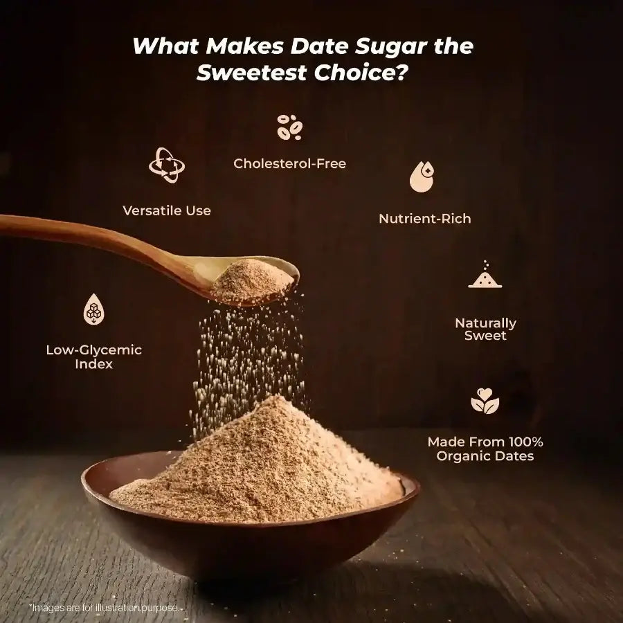 Key benefits of organic date sugar, including being cholesterol-free, nutrient-rich, naturally sweet, and low on the glycemic index.