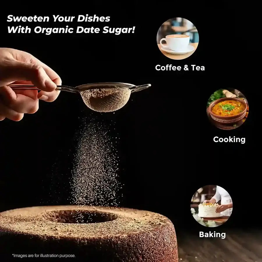 Organic date sugar being sprinkled over a freshly baked cake, illustrating its versatile use in baking and cooking.