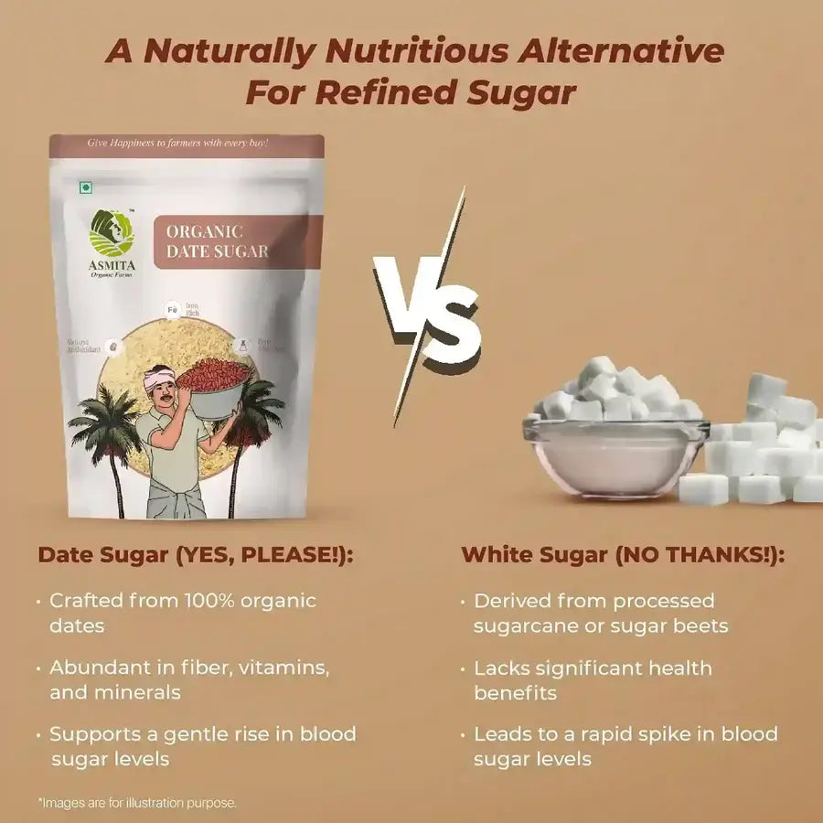 Side-by-side comparison of organic date sugar and white sugar, highlighting the natural benefits of date sugar