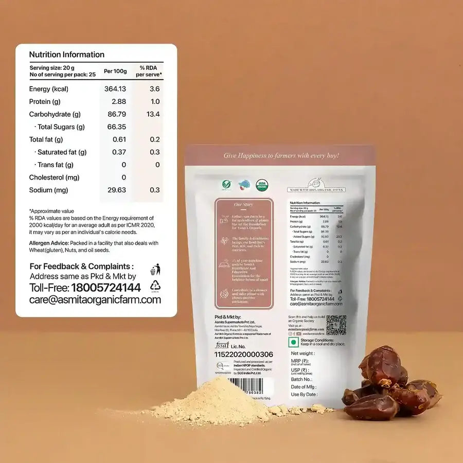 Back view of the organic date sugar package with nutritional information and product story