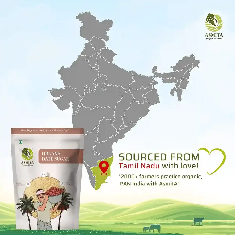 Map of India with Tamil Nadu highlighted, showcasing the sourcing of organic date sugar from the region with love.