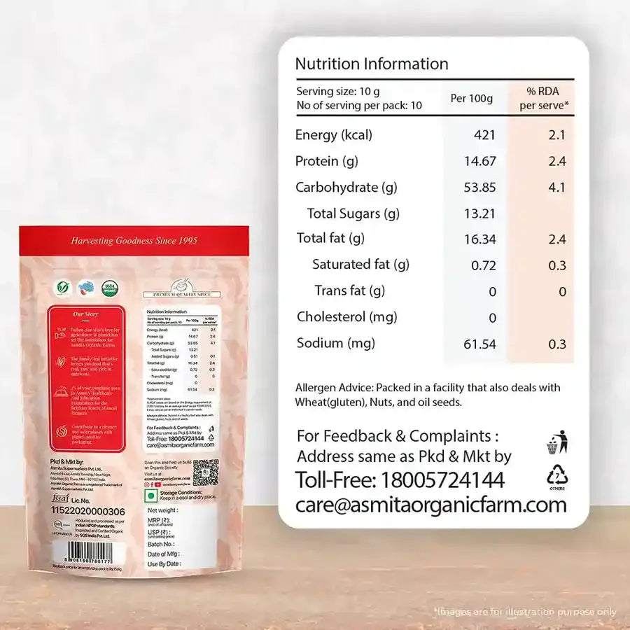 Back of organic red chili powder packet displaying nutritional information and product details.