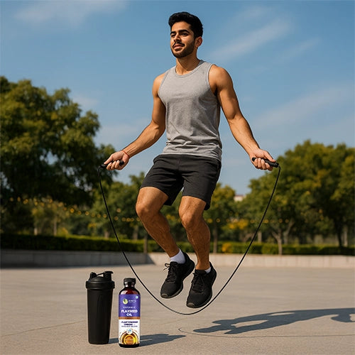 Man jumping rope outdoors with a supplement bottle and shaker cup in the foreground.