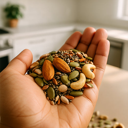 Hand holding a variety of nuts and seeds