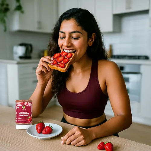 Woman eating a slice of toast with strawberries in a kitchen setting