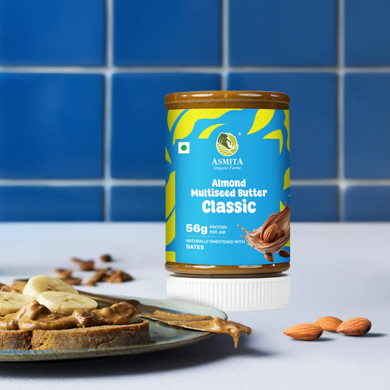 Asmita Classic Almond Multi Seed Butter with toast and nuts