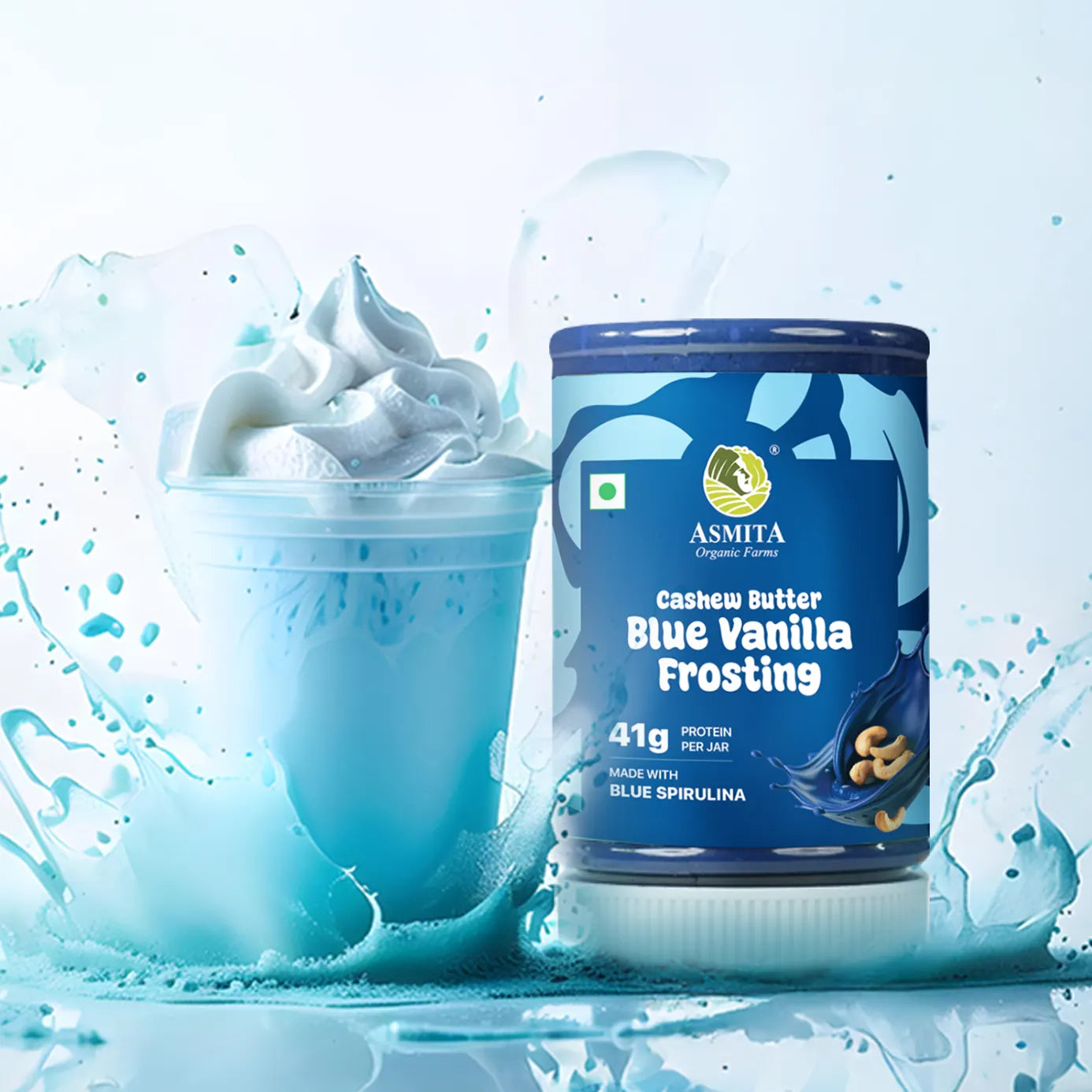 AsmitA Blue Vanilla Frosting with a container of blue vanilla frosting