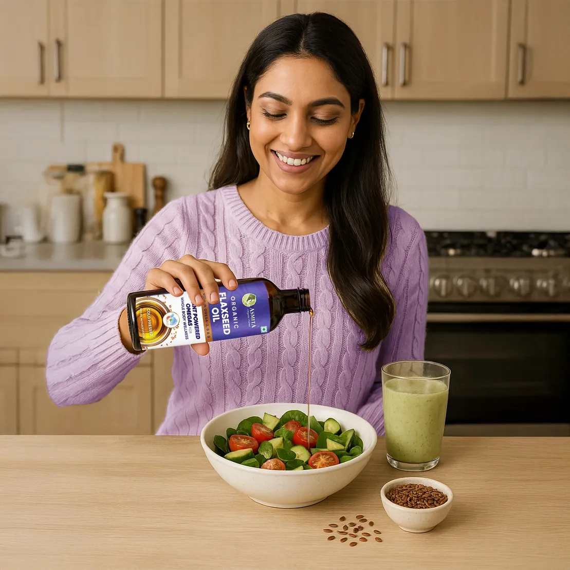 Woman pouring oil into a salad in a kitchen setting
