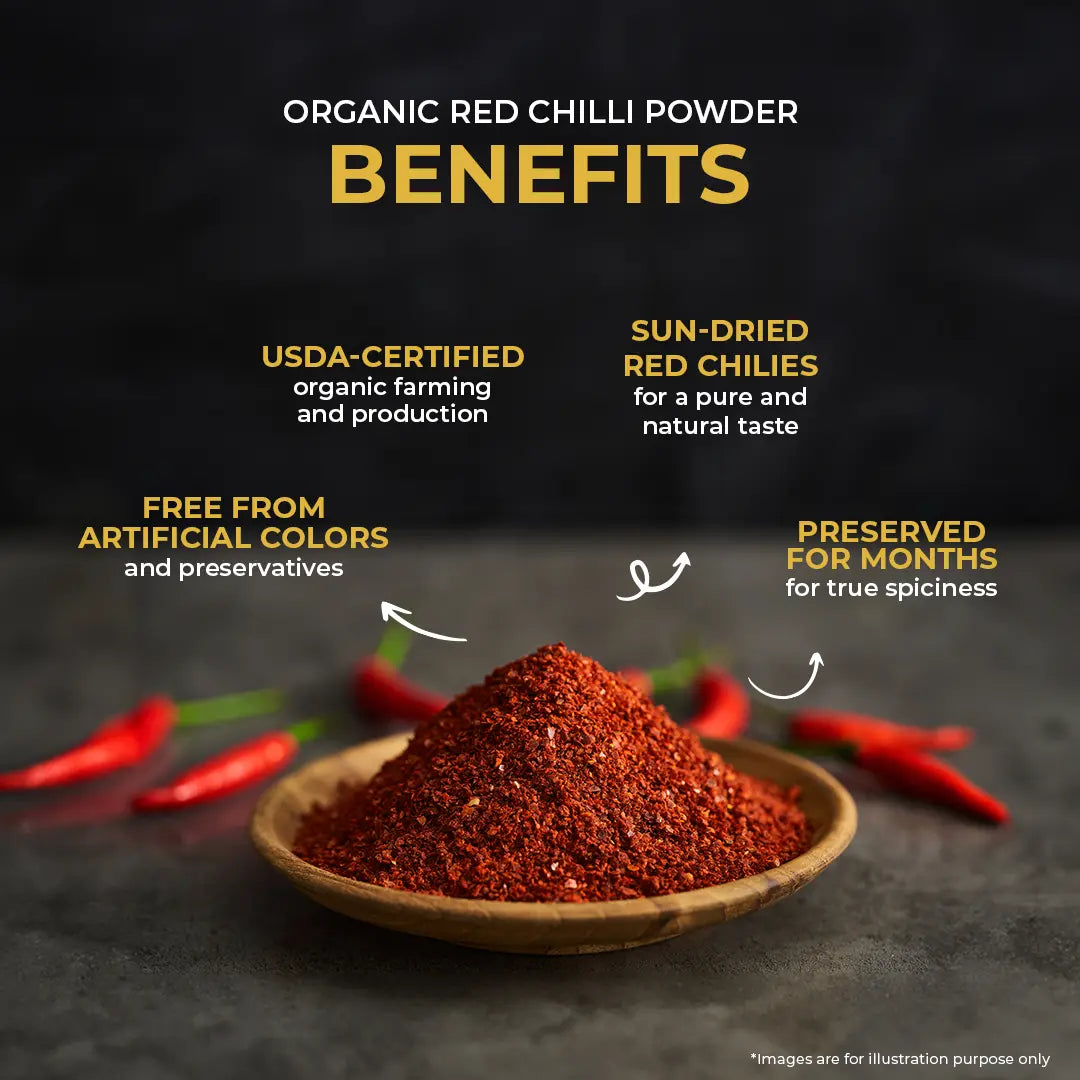 Benefits of organic red chili powder displayed with a bowl of chili powder and fresh red chilies.