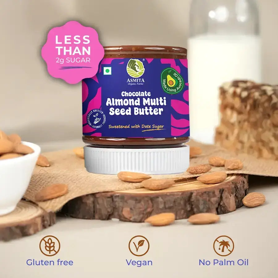 Jar of Chocolate Almond Butter with almonds and bread, highlighting less than 2g sugar.