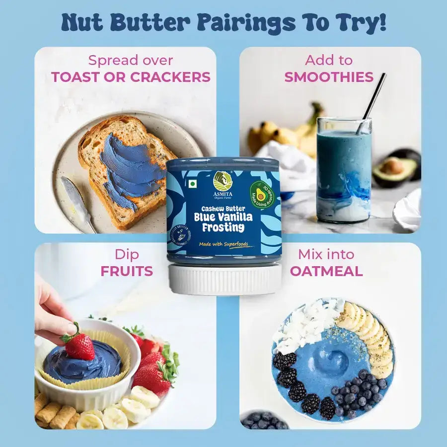 lue Vanilla Frosting with pairing suggestions - toast, smoothies, fruits, and oatmeal.