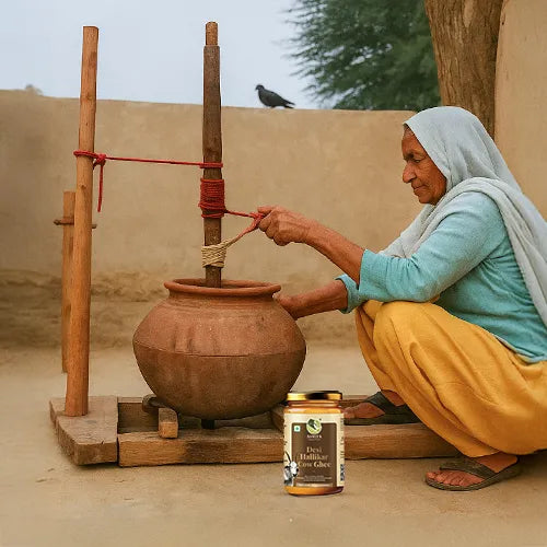 Woman using a traditional method to extract oil from a large clay pot, with a jar of Desi Ghee in the foreground.