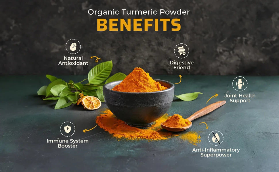 Benefits of Organic Turmeric Powder highlighting antioxidant, digestive, joint health, immune system, and anti-inflammatory properties.