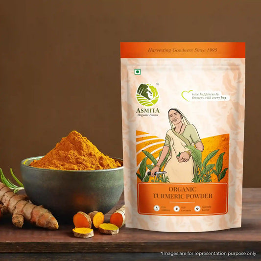 A visually appealing shot showcasing the turmeric powder packaging with fresh turmeric and a bowl of powder.