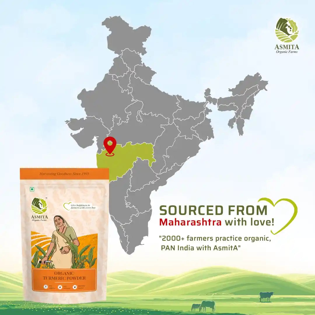 Map indicating Maharashtra as the source for organic turmeric powder.