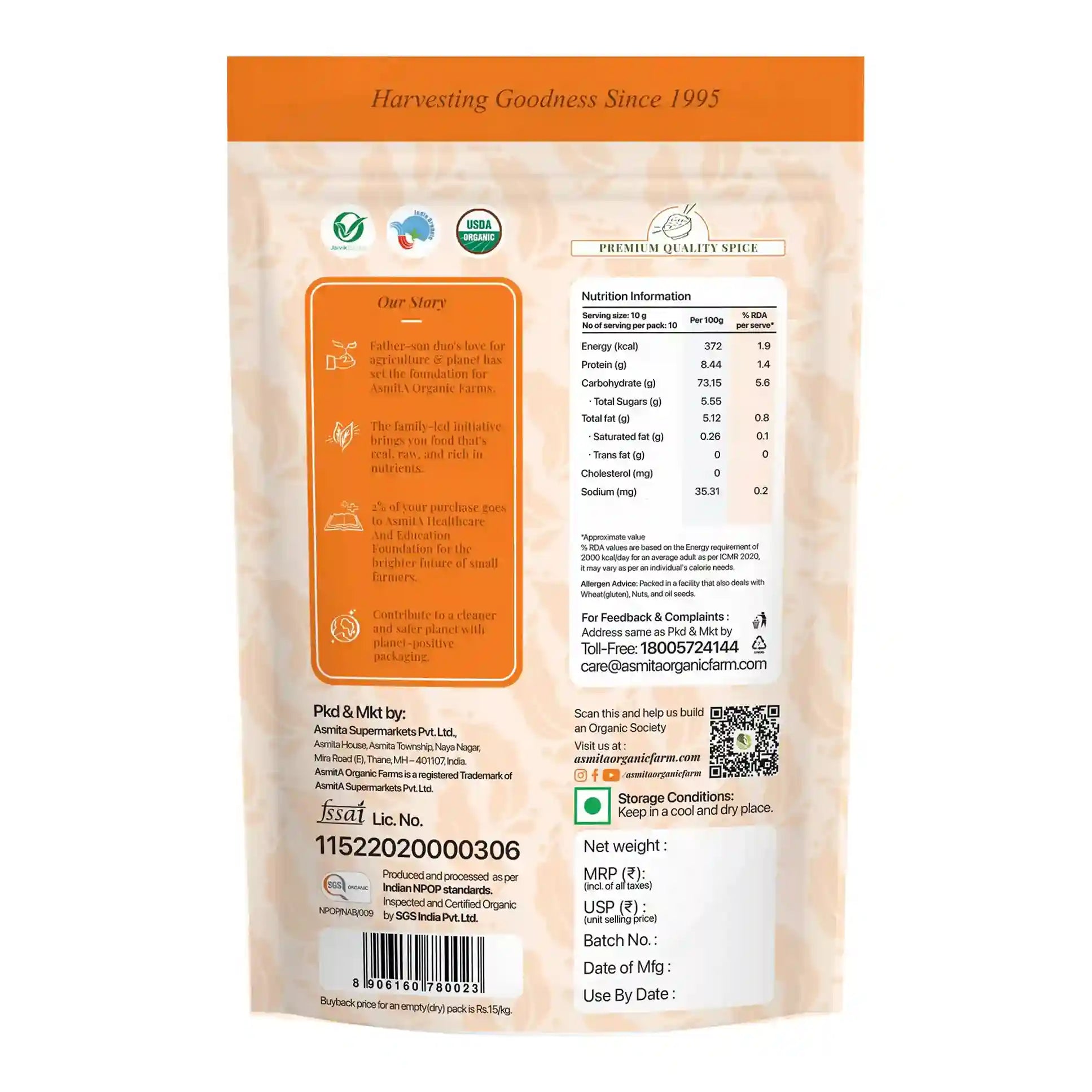 Nutritional and product information displayed on the back of the turmeric powder package.