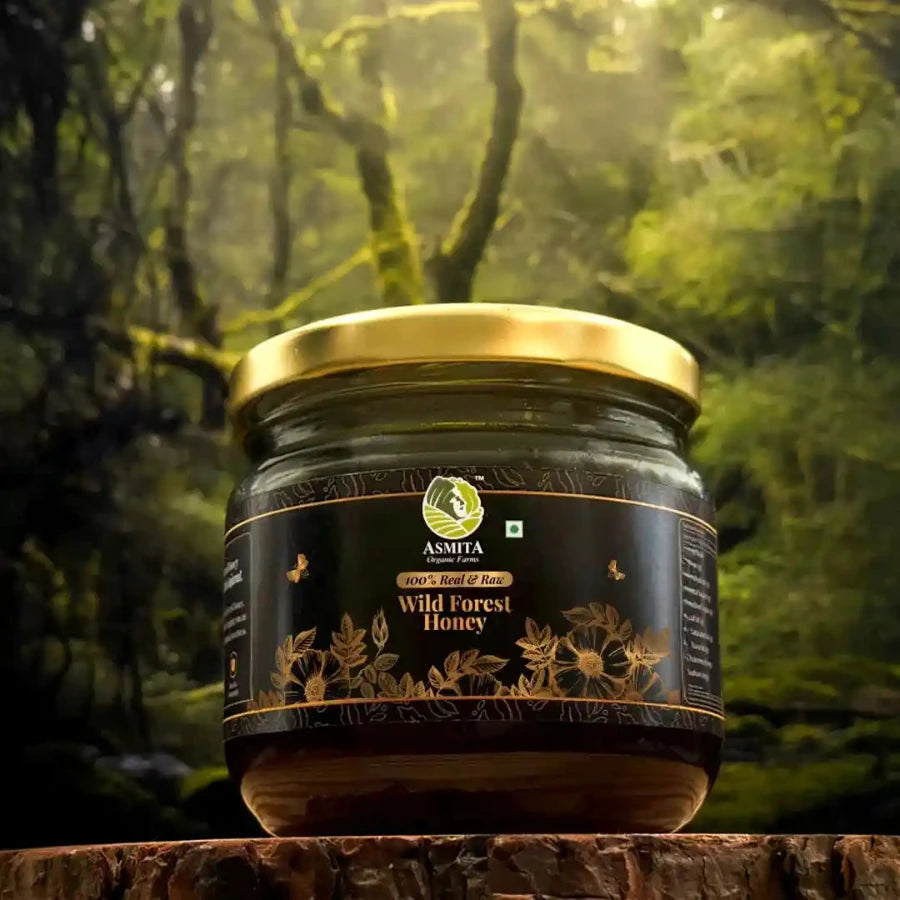 A jar of Wild Forest Honey placed on a wooden stump against a lush forest backdrop.