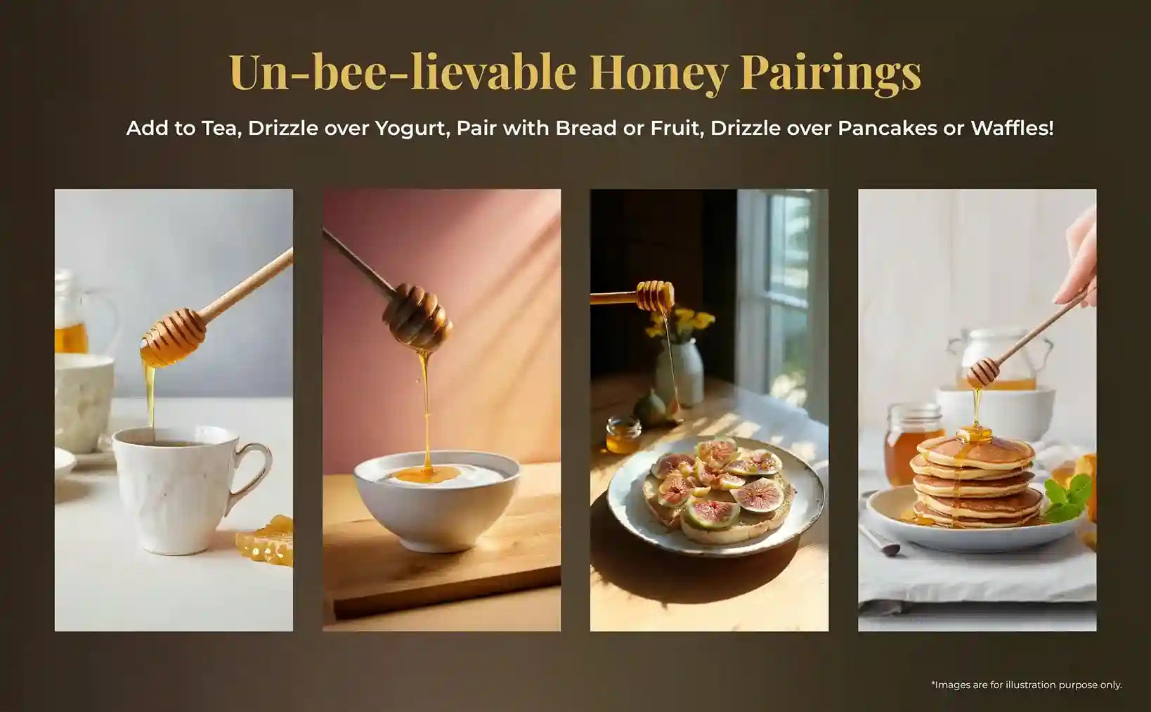 Various serving suggestions for Wild Forest Honey, including tea, yogurt, fruit, and pancakes, showcasing its versatile culinary uses.