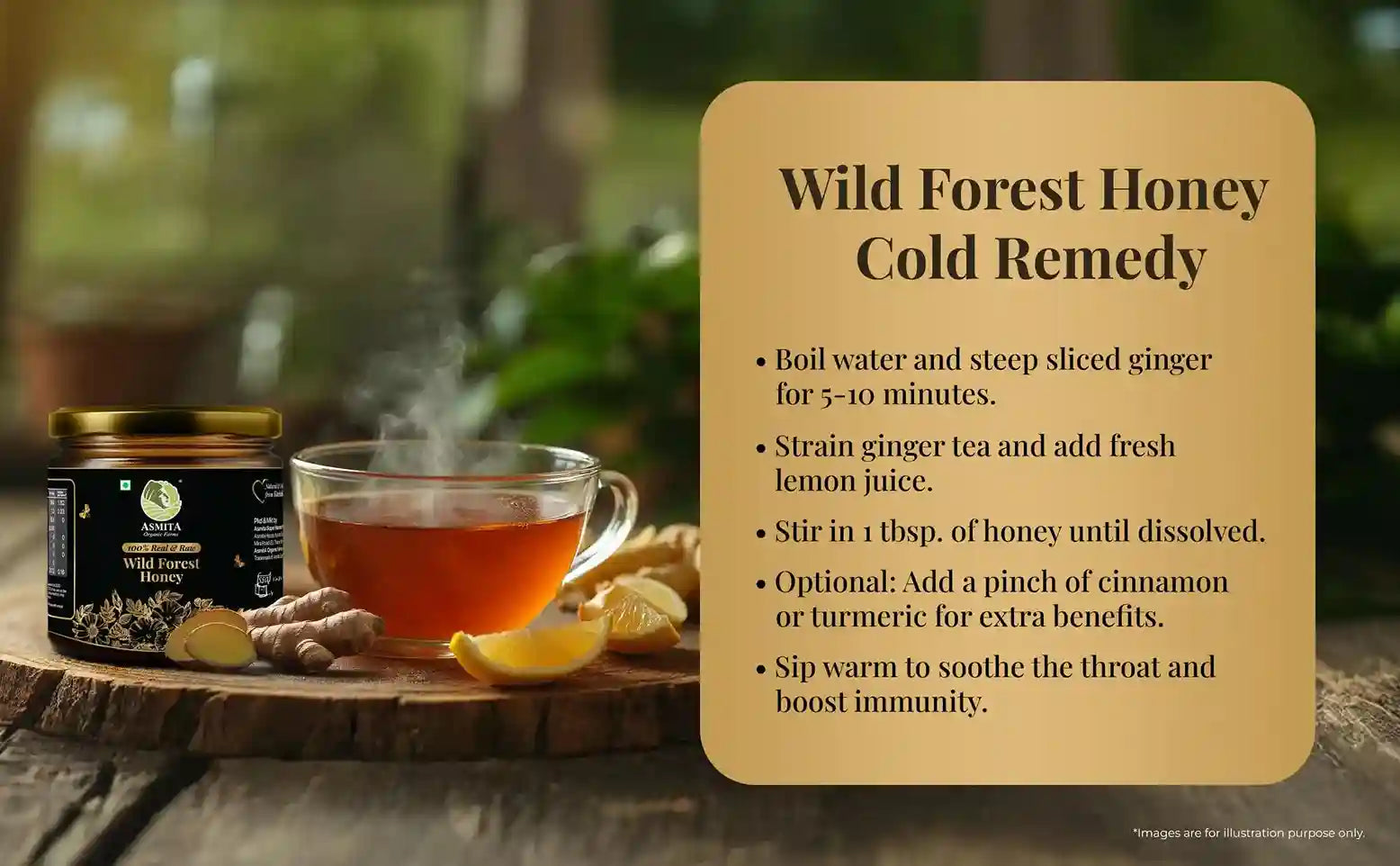 A steaming cup of ginger tea made with Wild Forest Honey, along with a recipe for a cold remedy featuring honey and spices.