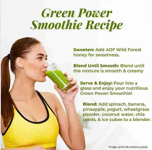 A woman drinking a green smoothie, highlighting the recipe and its nutritional benefits.