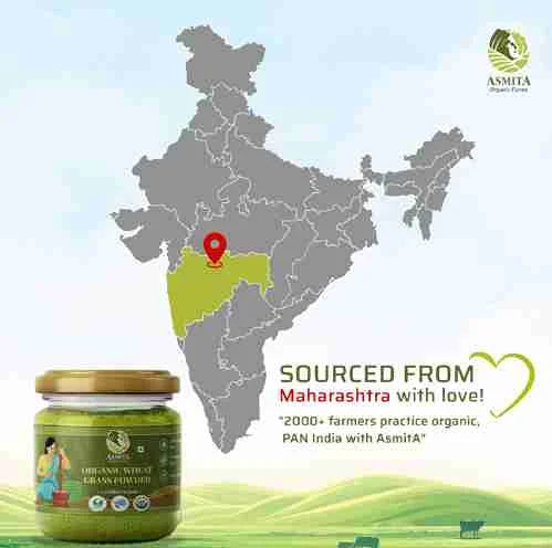 Map of India with Maharashtra highlighted, promoting organic wheatgrass sourced from the region.