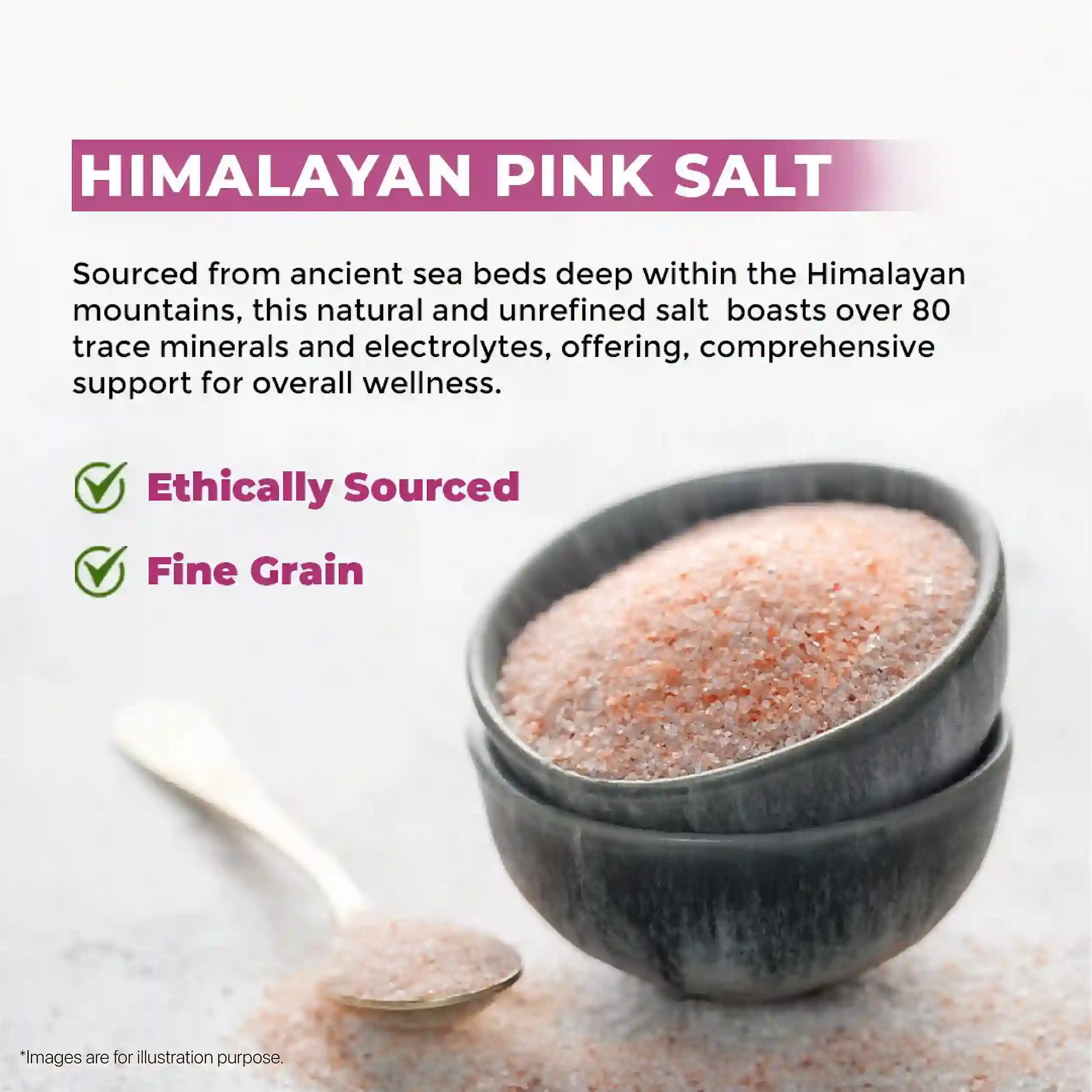 A close-up shot of Himalayan Pink Salt in a bowl, emphasizing its trace minerals and wellness benefits.