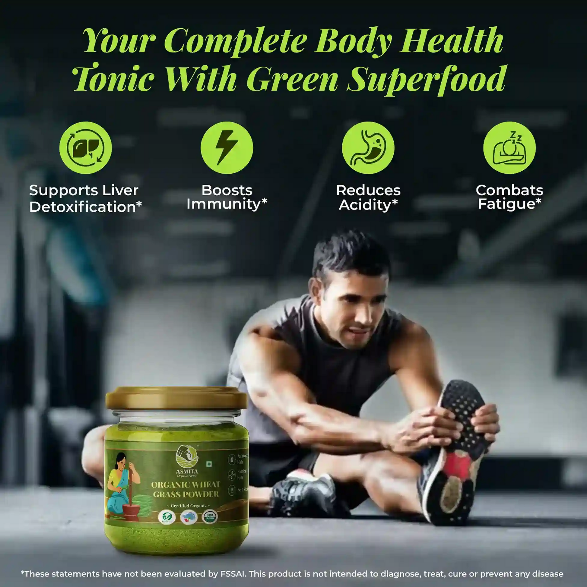 A fitness enthusiast stretching in the gym, with bold key benefits of wheatgrass powder prominently displayed, emphasizing its support in reducing fatigue, balancing acidity, boosting immunity, and aiding liver detoxification.