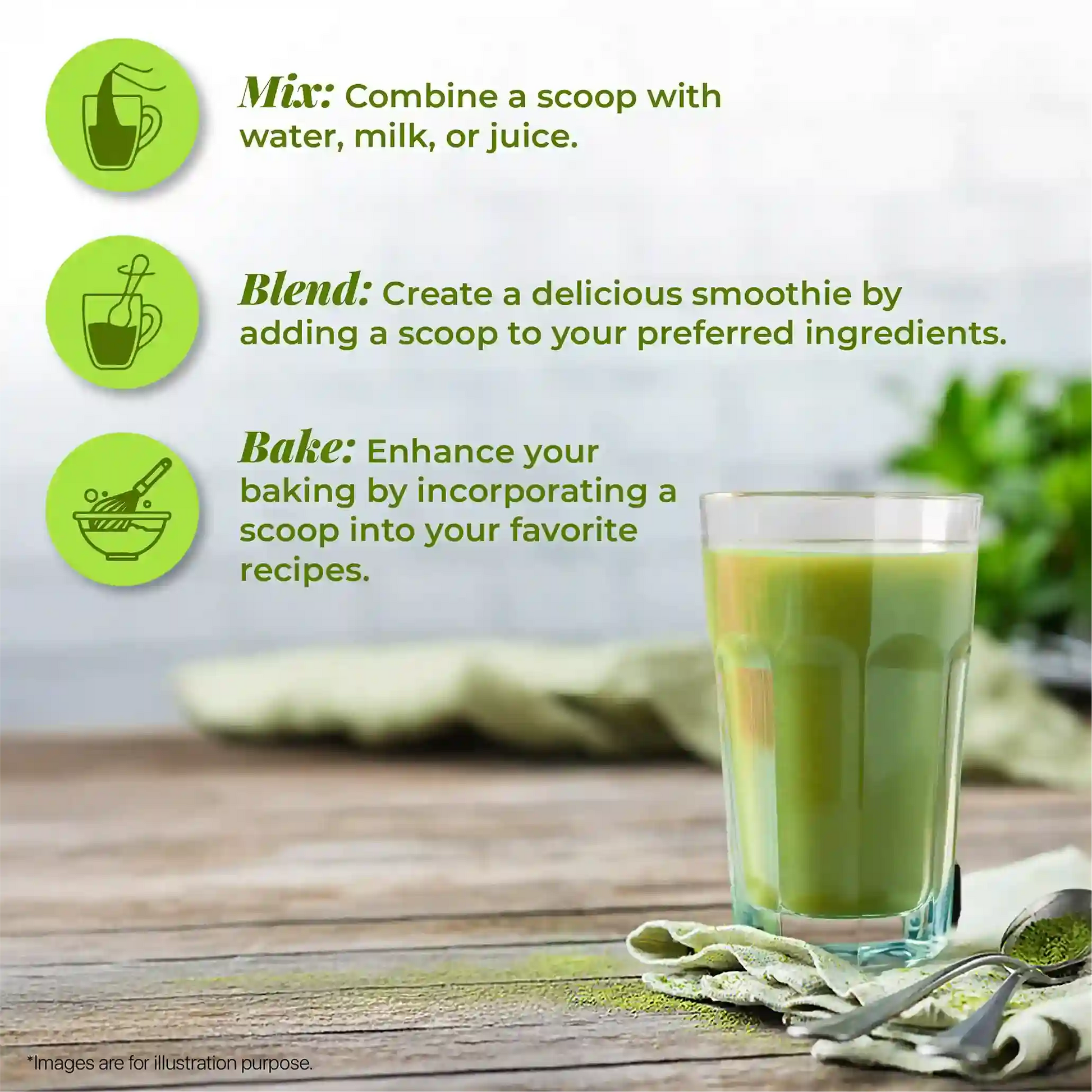 Illustrations showing different ways to use wheatgrass powder with a glass of smoothie in focus.