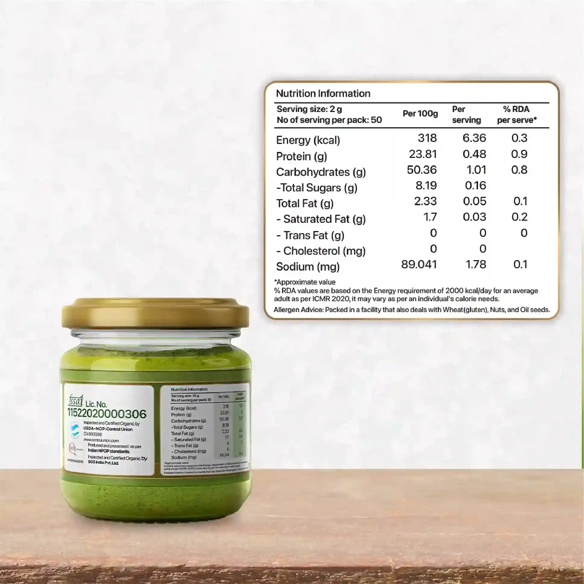 A jar of wheatgrass powder with detailed nutritional information displayed.