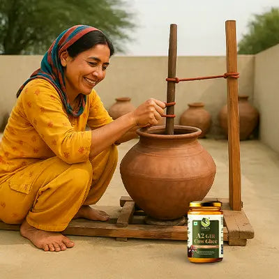 Woman working with a clay pot on a wooden stand, with a container of A2 Gold Ghee in the foreground.